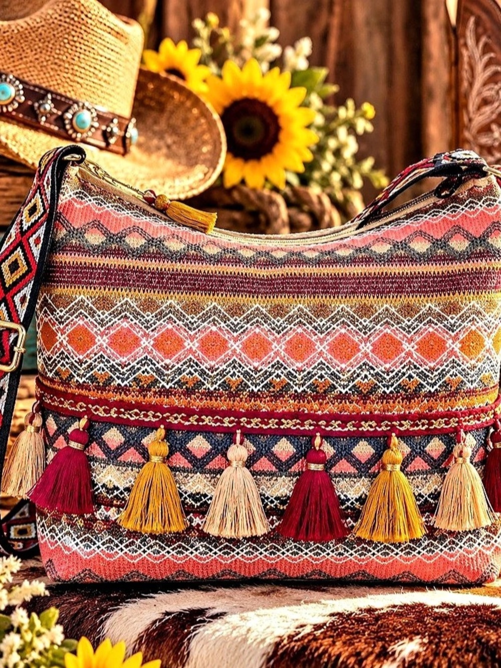 Boho Western Woven Shoulder Bag Tassels Adjustable Strap Southwestern Purse NIB